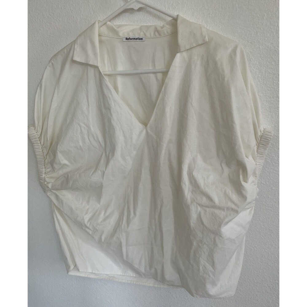 Reformation Puff Sleeve V-Neck Blouse Sz S Ivory Organic Cotton Preppy Coquette